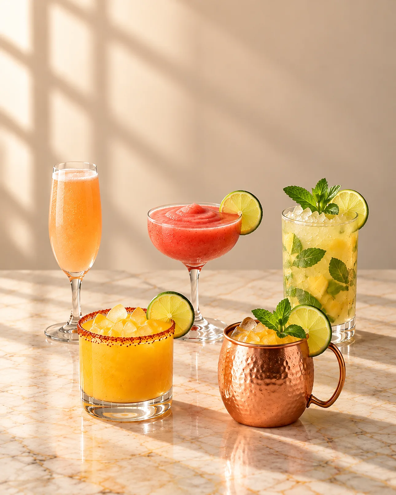 Cocktails made with FRUPPIE: bellini, margarita, frozen strawberry, mojito and mule